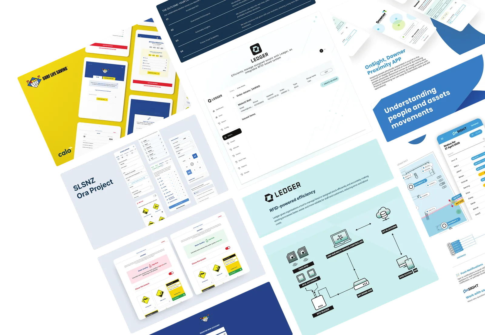 Collage of Calo software projects, including Ledger and field operations applications