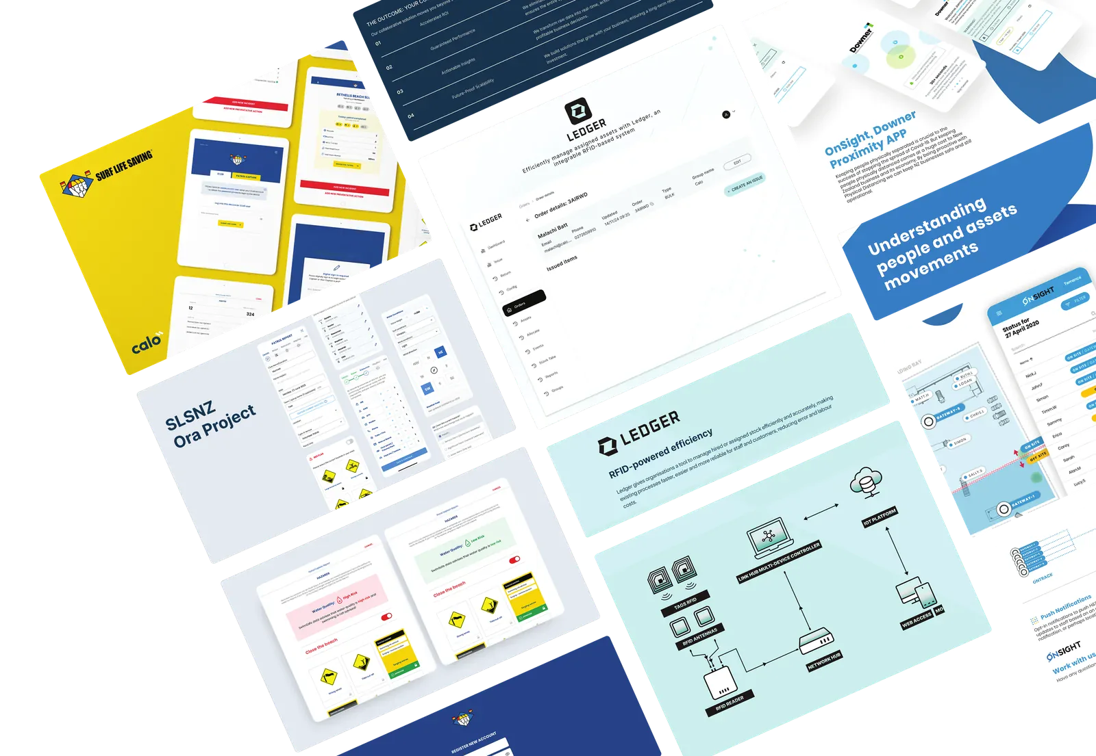 Collage of Calo software projects, including Ledger and field operations applications